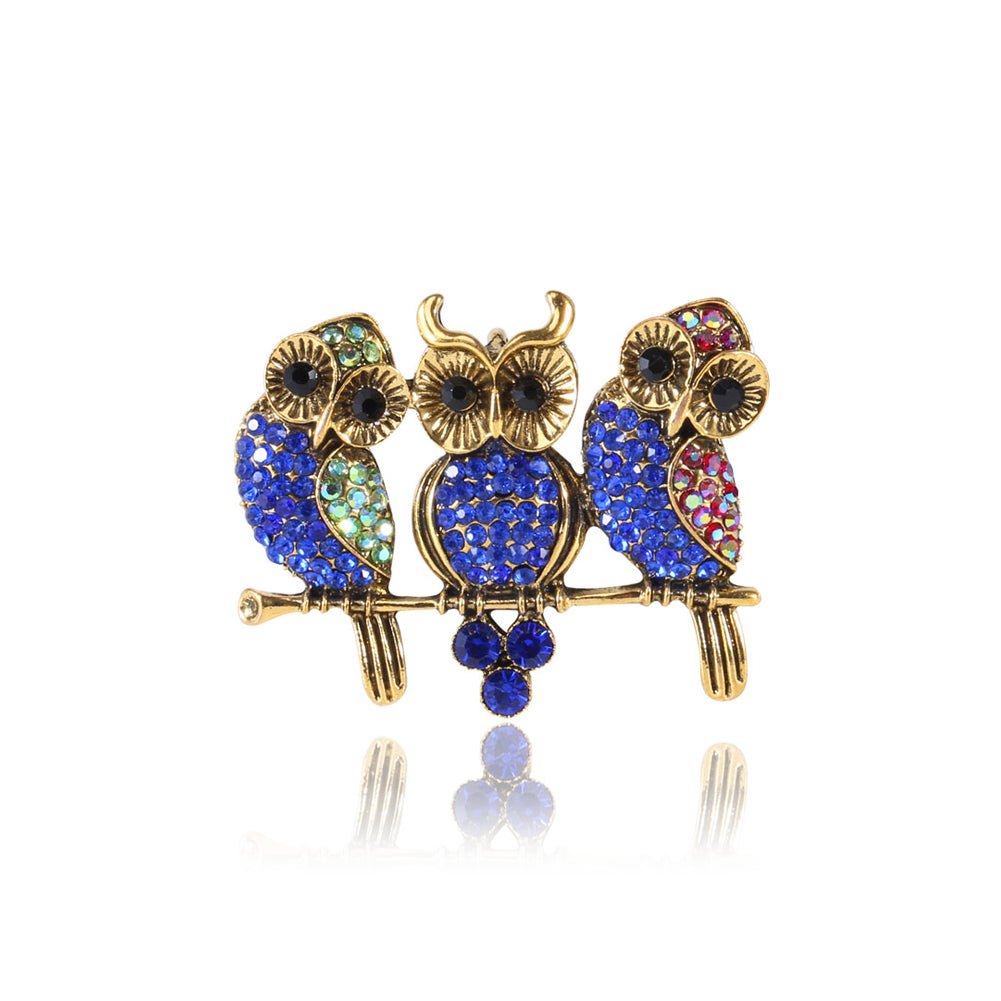 Fashion and Cute Plated Gold Owl Brooch with Blue Cubic Zirconia
