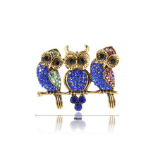 Load image into Gallery viewer, Fashion and Cute Plated Gold Owl Brooch with Blue Cubic Zirconia
