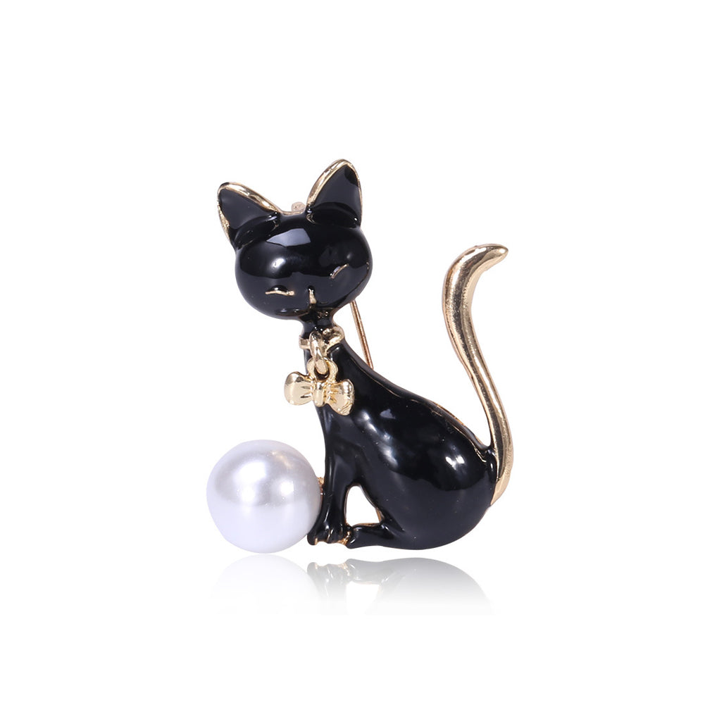 Simple and Cute Black Cat Imitation Pearl Brooch