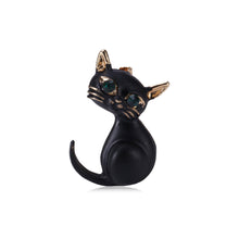 Load image into Gallery viewer, Simple and Cute Black Cat Brooch with Green Cubic Zirconia