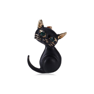 Simple and Cute Black Cat Brooch with Green Cubic Zirconia