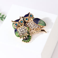 Load image into Gallery viewer, Fashion and Cute Plated Gold Double Owl Brooch with Cubic Zirconia