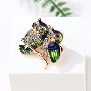 Fashion and Cute Plated Gold Double Owl Brooch with Cubic Zirconia