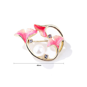 Fashion and Elegant Plated Gold Pink Flower Geometric Imitation Pearl Brooch with Cubic Zirconia