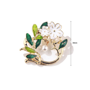 Fashion and Elegant Enamel Flower Green Leaf Geometric Imitation Pearl Brooch