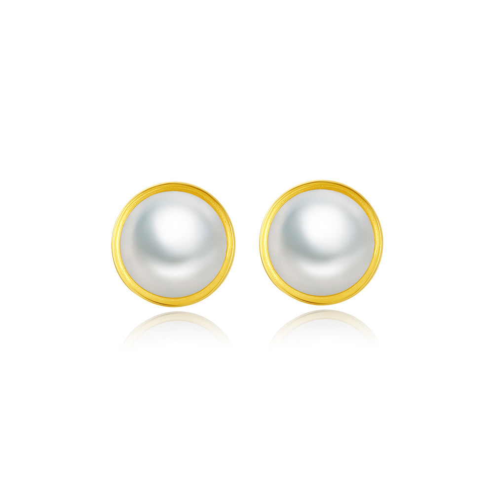 925 Sterling Silver Plated Gold Freshwater Pearl Geometric Round Stud Earrings