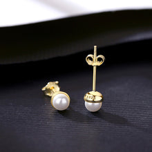 Load image into Gallery viewer, 925 Sterling Silver Plated Gold Freshwater Pearl Geometric Round Stud Earrings