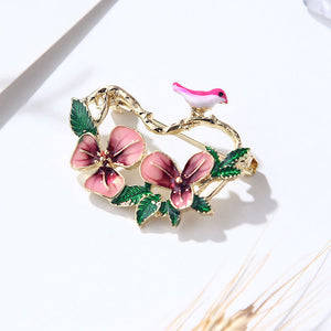 Elegant and Fashion Plated Gold Enamel Pink Flower Bird Brooch