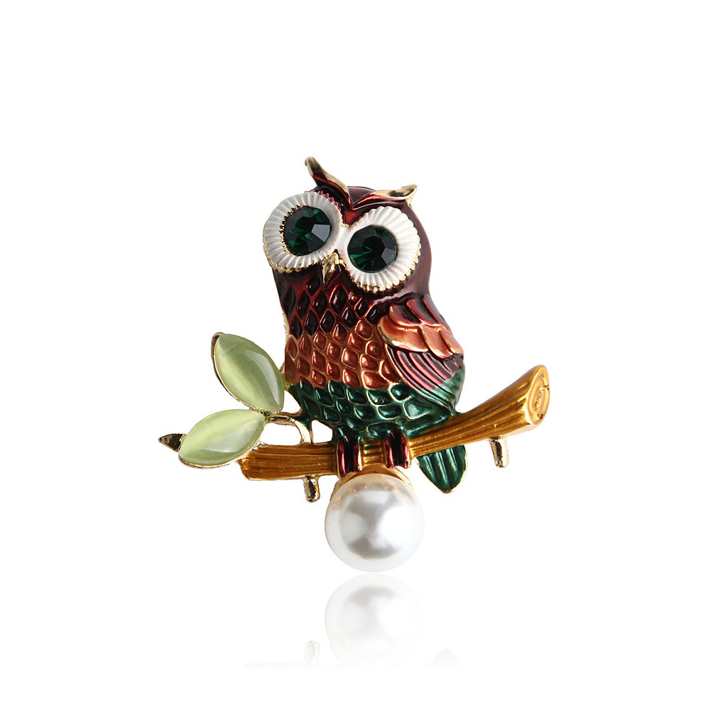Simple and Cute Plated Gold Color Owl Imitation Pearl Brooch