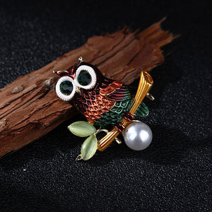 Simple and Cute Plated Gold Color Owl Imitation Pearl Brooch