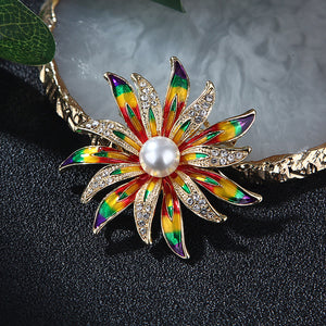 Fashion and Elegant Plated Gold Enamel Color Flower Imitation Pearl Brooch with Cubic Zirconia
