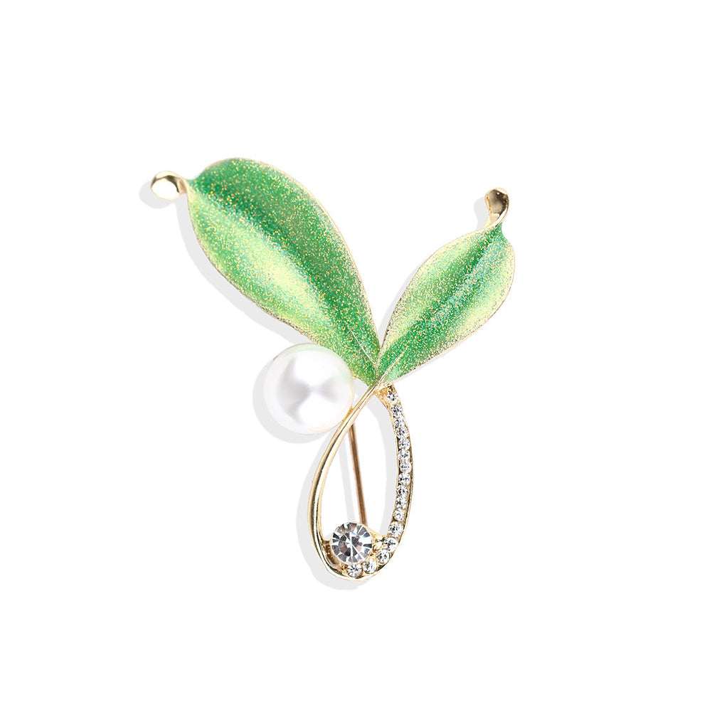 Fashion and Elegant Plated Gold Green Leaf Imitation Pearl Brooch with Cubic Zirconia