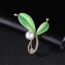 Load image into Gallery viewer, Fashion and Elegant Plated Gold Green Leaf Imitation Pearl Brooch with Cubic Zirconia