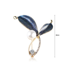 Fashion and Elegant Plated Gold Blue Leaf Imitation Pearl Brooch with Cubic Zirconia