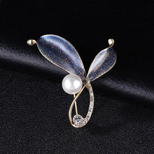 Load image into Gallery viewer, Fashion and Elegant Plated Gold Blue Leaf Imitation Pearl Brooch with Cubic Zirconia