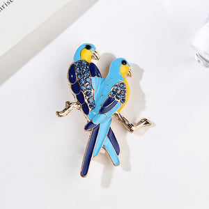 Fashion and Elegant Plated Gold Enamel Blue Double Bird Brooch with Cubic Zirconia