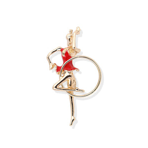 Fashion Personality Plated Gold Red Hula Hoop Gymnastic Girl Brooch