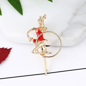 Fashion Personality Plated Gold Red Hula Hoop Gymnastic Girl Brooch