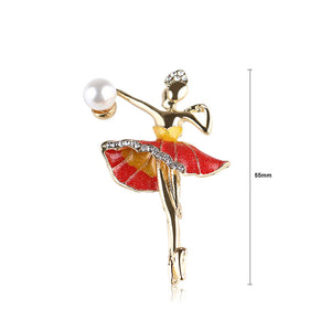 Fashion Personality Plated Gold Ballerina Red Skirt Imitation Pearl Brooch with Cubic Zirconia