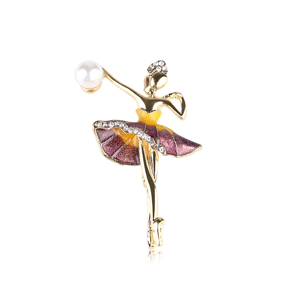 Fashion Personality Plated Gold Ballerina Purple Skirt Imitation Pearl Brooch with Cubic Zirconia