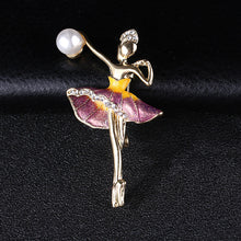 Load image into Gallery viewer, Fashion Personality Plated Gold Ballerina Purple Skirt Imitation Pearl Brooch with Cubic Zirconia