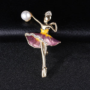 Fashion Personality Plated Gold Ballerina Purple Skirt Imitation Pearl Brooch with Cubic Zirconia