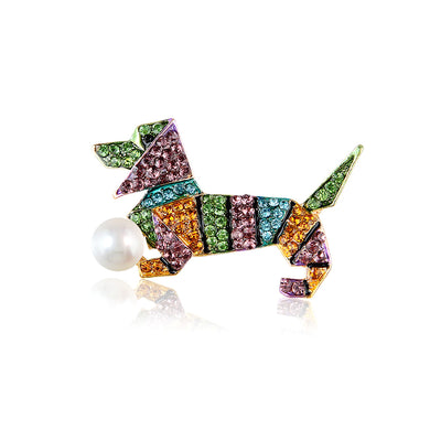 Fashion Bright Plated Gold Colorful Dog Cubic Zirconia Brooch with Imitation Pearls
