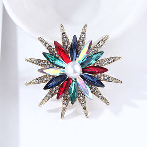 Fashion Bright Plated Gold Sunflower Imitation Pearl Brooch with Colorful Cubic Zirconia
