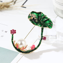 Load image into Gallery viewer, Fashion and Elegant Plated Gold Enamel Lotus Imitation Pearl Brooch
