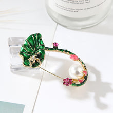 Load image into Gallery viewer, Fashion and Elegant Plated Gold Enamel Lotus Imitation Pearl Brooch