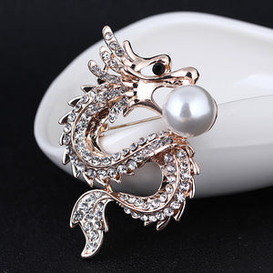Fashion Personality Plated Gold Chinese Zodiac Dragon Imitation Pearl Brooch with Cubic Zirconia