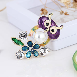 Fashion Simple Plated Gold Purple Owl Flower Imitation Pearl Brooch with Cubic Zirconia