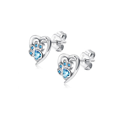 925 Sterling Silver Cute Simple Heart-shaped Dog Claw Stud Earrings with Blue Cubic Zirconia
