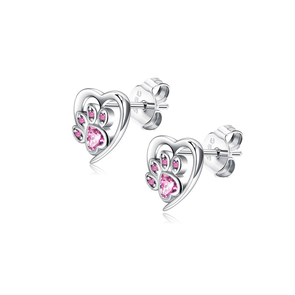 925 Sterling Silver Simple and Cute Heart-shaped Dog Claw Stud Earrings with Pink Cubic Zirconia