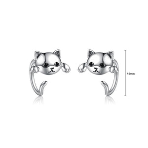 925 Sterling Silver Simple Cute Cat Stud Earrings with Black Cubic Zirconia