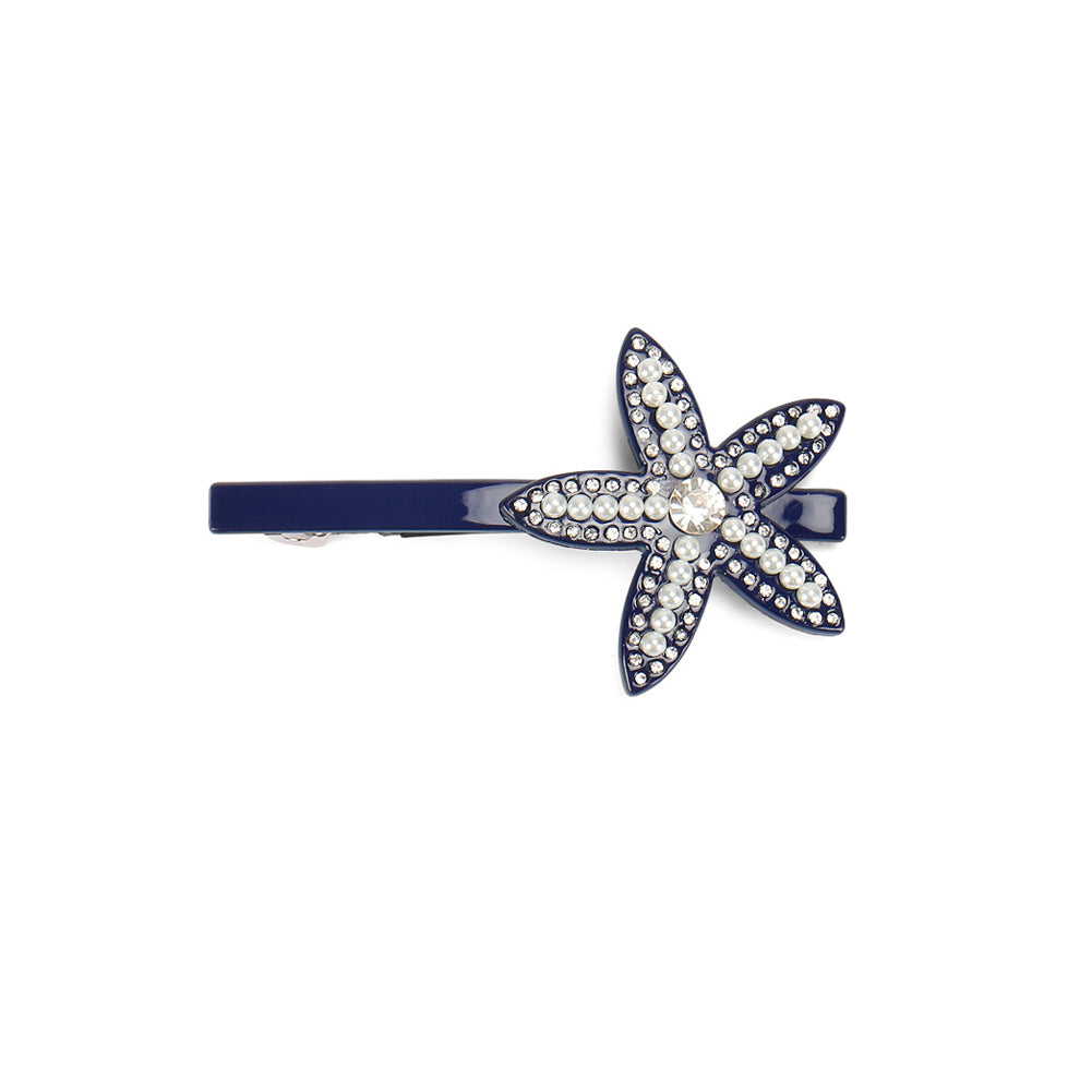 Fashion Simple Blue Star Hair Clip with Cubic Zirconia and Imitation Pearl