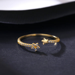 925 Sterling Silver Plated Gold Simple Fashion Star Adjustable Opening Ring with Cubic Zirconia
