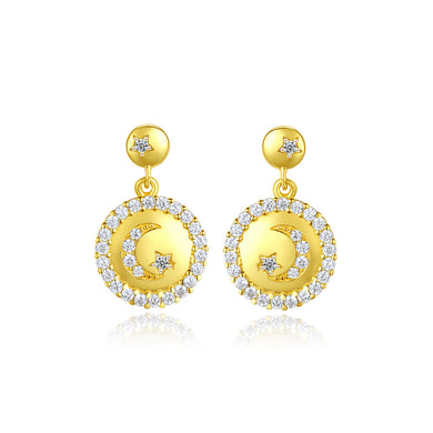 925 Sterling Silver Plated Gold Simple Fashion Star-moon Round Earrings with Cubic Zirconia