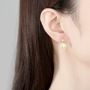 925 Sterling Silver Plated Gold Simple Fashion Star-moon Round Earrings with Cubic Zirconia