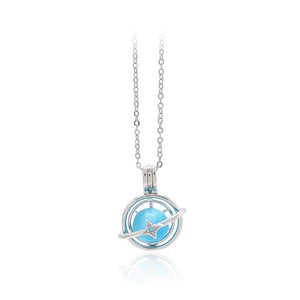 925 Sterling Silver Fashion Simple Geometric Planet Blue Opal Pendant with Necklace
