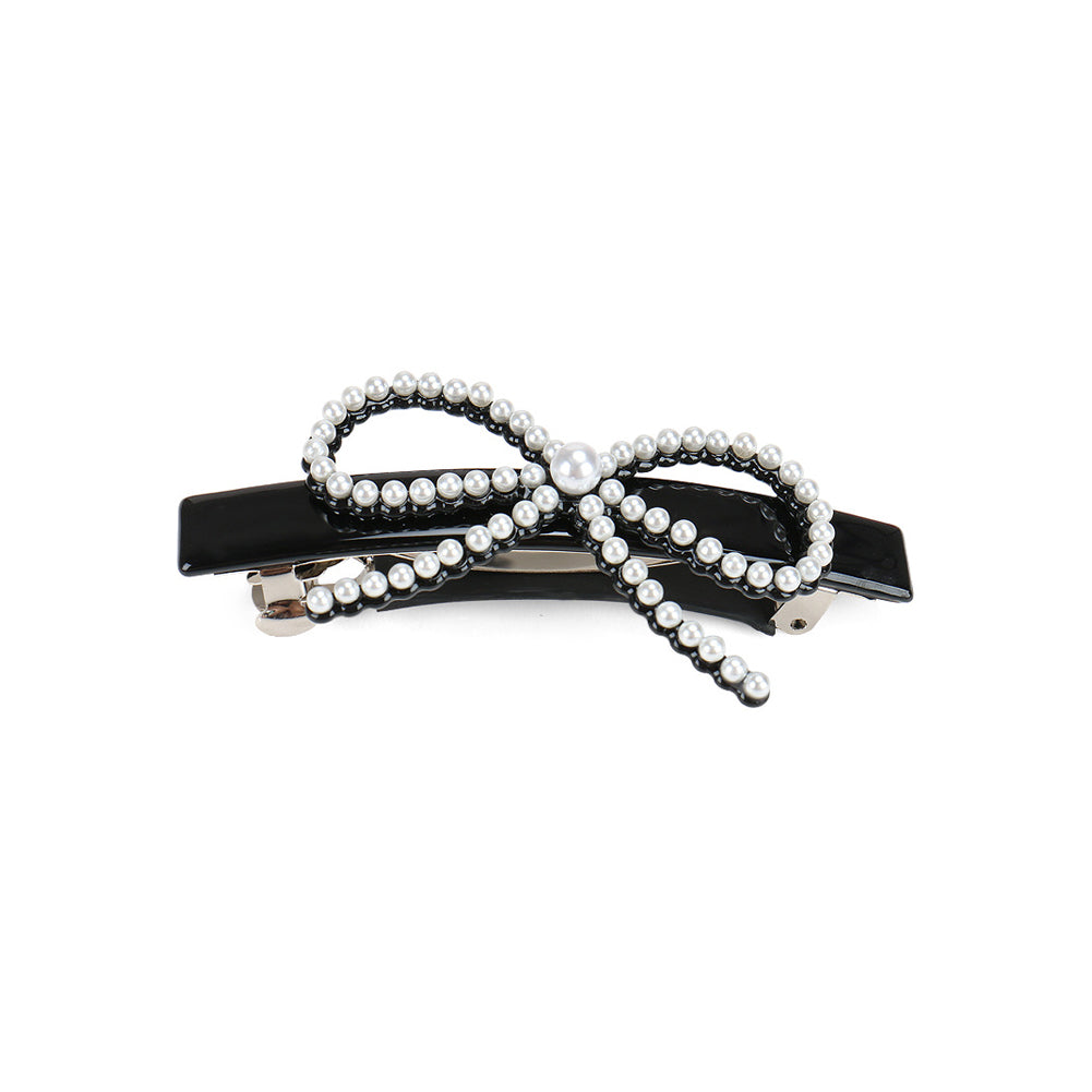 Simple and Sweet Black Ribbon Hair Slide with Imitation Pearl