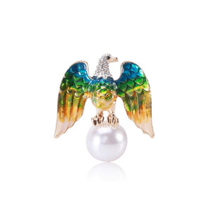 Fashion and Elegant Plated Gold Enamel Blue Eagle Imitation Pearl Brooch with Cubic Zirconia