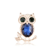 Load image into Gallery viewer, Fashion and Cute Plated Gold Owl Brooch with Blue Cubic Zirconia