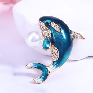 Fashion Cute Blue Dolphin Imitation Pearl Brooch with Cubic Zirconia