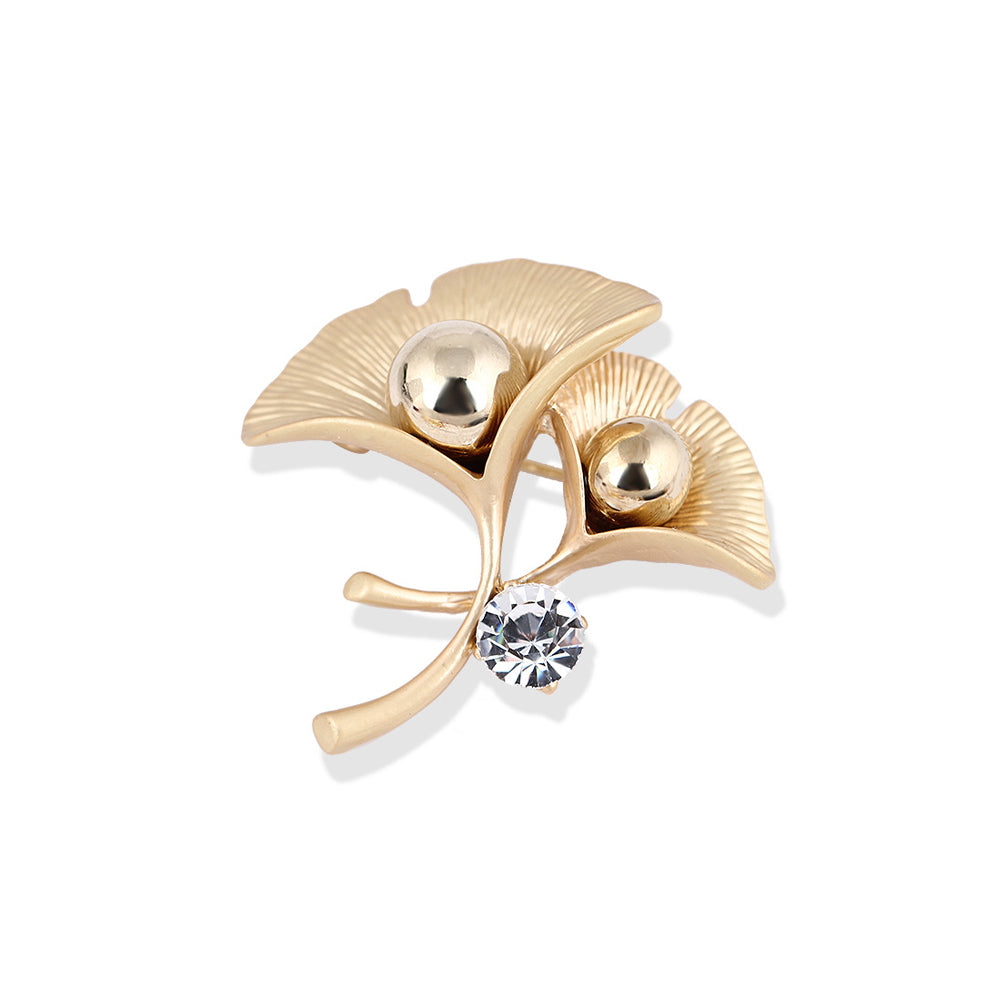 Fashion and Elegant Plated Gold Ginkgo Leaf Brooch with Cubic Zirconia