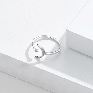 925 Sterling Silver Fashion Simple Moon Star Adjustable Open Ring with Cubic Zirconia