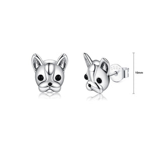 925 Sterling Silver Simple Cute Bulldog Puppy Stud Earrings with Black Cubic Zirconia