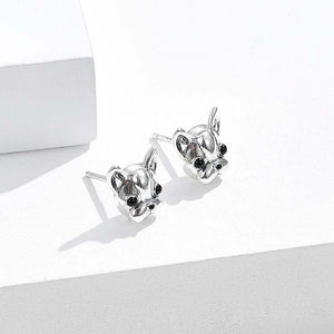 925 Sterling Silver Simple Cute Bulldog Puppy Stud Earrings with Black Cubic Zirconia