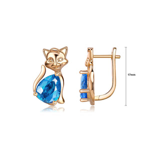 Simple and Cute Plated Champagne Gold Cat Stud Earrings with Blue Cubic Zirconia