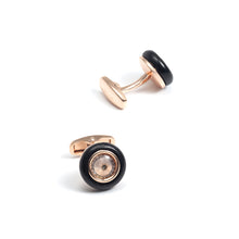 Load image into Gallery viewer, Simple Temperament Plated Rose Gold Black Geometric Round Cufflinks with Cubic Zirconia